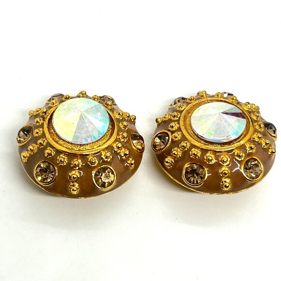 VINTAGE BLANCA AURORA BOREALIS RIVOLI ENAMEL GOLD TONE CLIP EARRINGS SIGNED - Picture 5 of 16